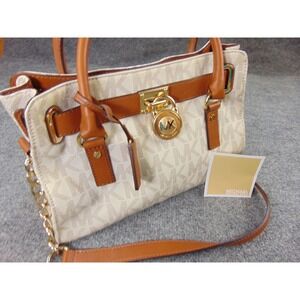Michael Kors Hamilton Satchel Vanilla MK Logo Brown Leather Lock Purse